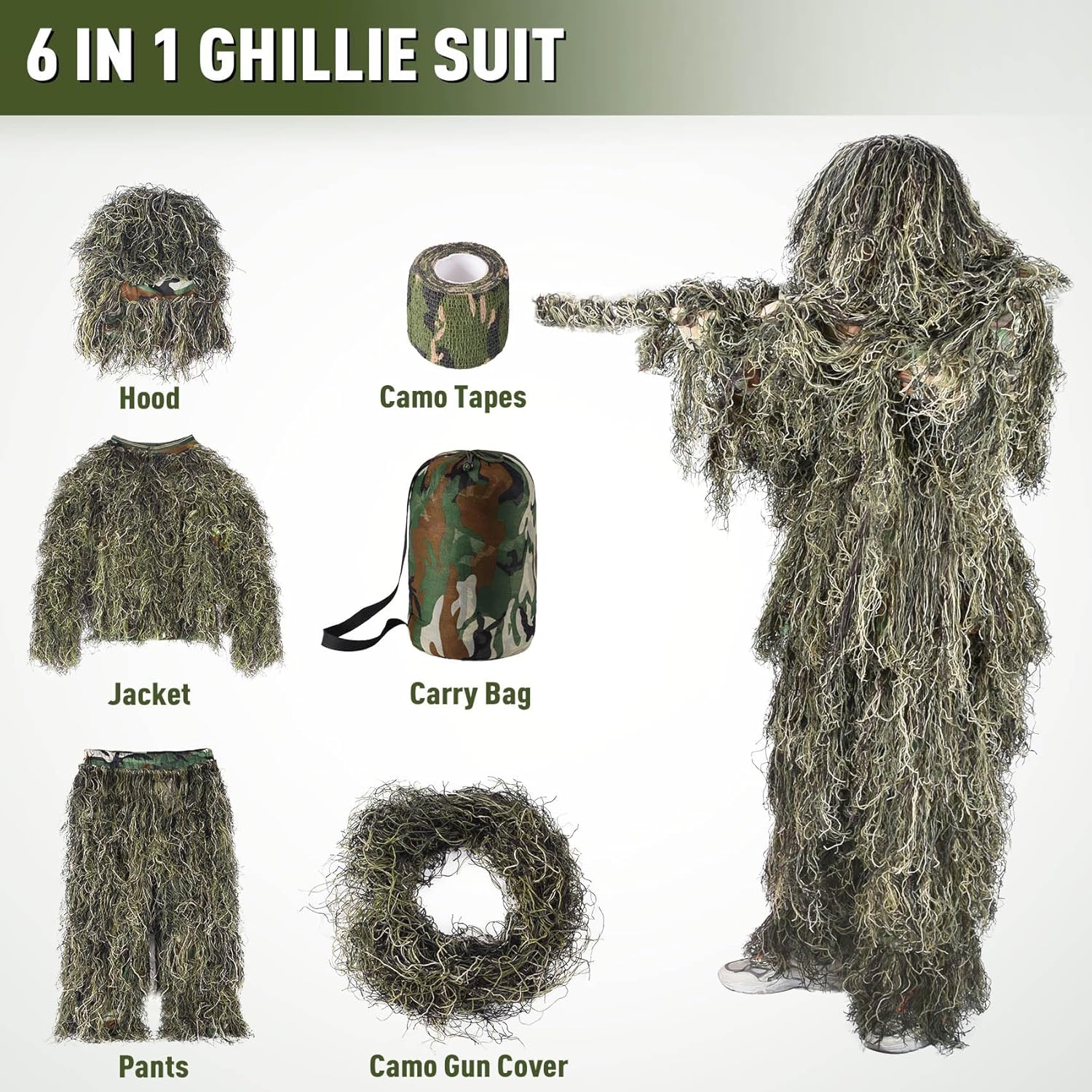 6 in 1 Ghillie Suit, 3D Camouflage Hunting Apparel Including Jacket, Pants, Hood, Carry Bag and Camo Tapes 8 81CFDoj1WBL. AC SL1500 - huntingtonexploration.ca