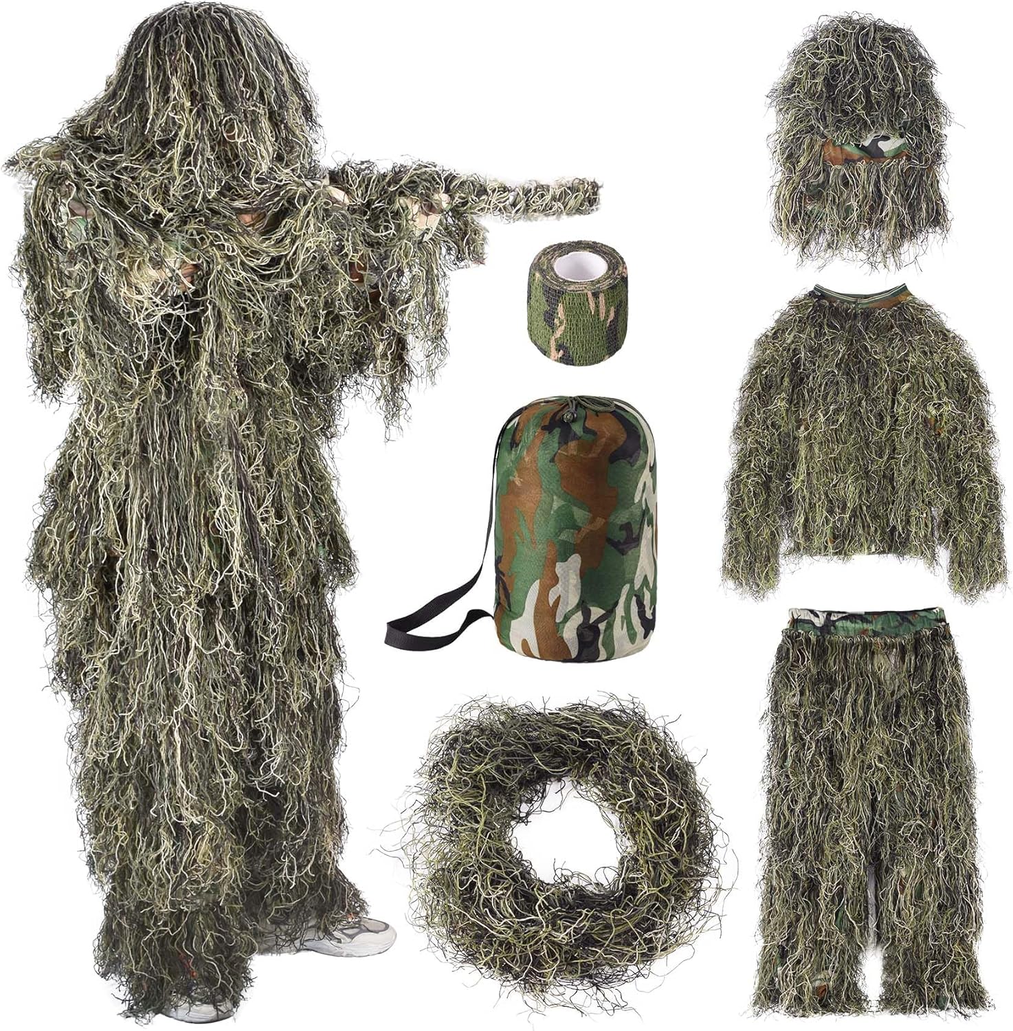6 in 1 Ghillie Suit, 3D Camouflage Hunting Apparel Including Jacket, Pants, Hood, Carry Bag and Camo Tapes 9 91ECmlkXaXL. AC SL1500 - huntingtonexploration.ca